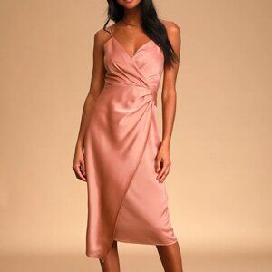 Quite Likely Rose Pink Satin Asymmetrical Midi Dress - Small